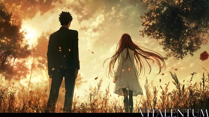 Two distant figures share a wistful sunset in autumn fields