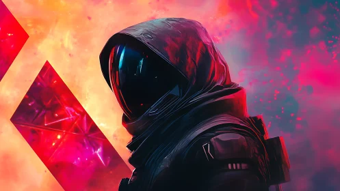 Hooded space traveler drifting through neon cosmic skies.