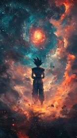 Dynamic anime figure suspended in cosmic nebula vortex composition.