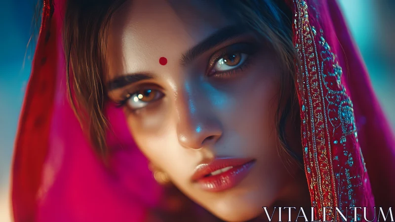 Hyperreal close-up portrait under jeweled red dupatta glows