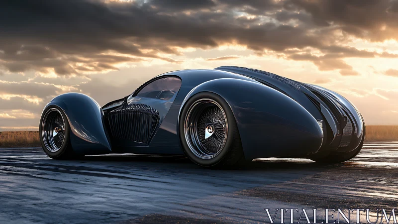 Midnight streamliner prowls a sunlit runway horizon.