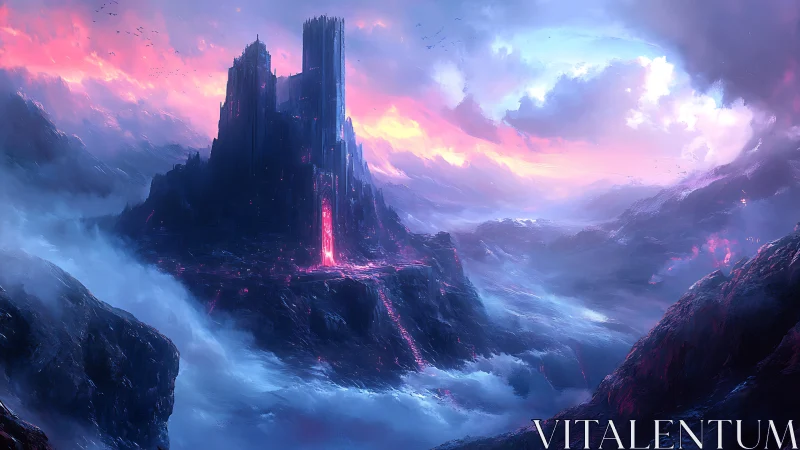 Volcanic obsidian citadel amid iridescent storm strata.