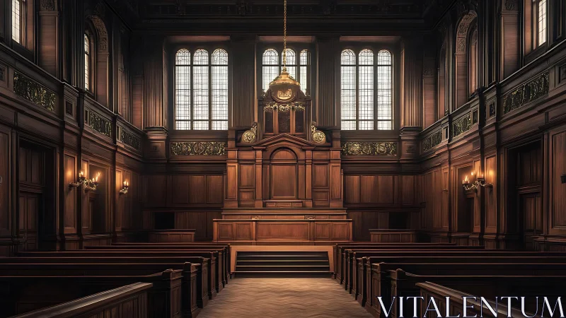 Majestic wooden courtroom glows with stately morning light.