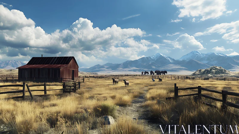 Rural fenced pasture with barn and distant snowcapped mountains.
