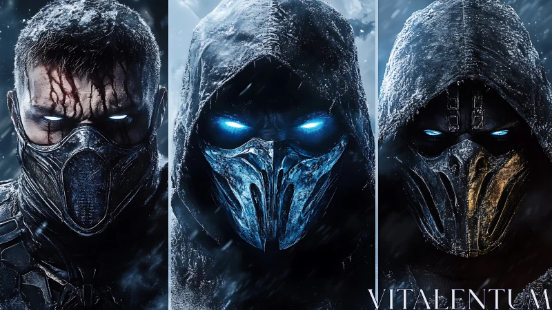 Frost‑eyed masked warriors stare through a storm of steel.