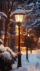 Snow-covered street lamp on urban sidewalk at night.