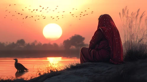 Crimson shawl of dusk watching birds stitch the river sky.