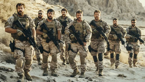 Desert tactical squad advances in staggered line, rifles at low ready