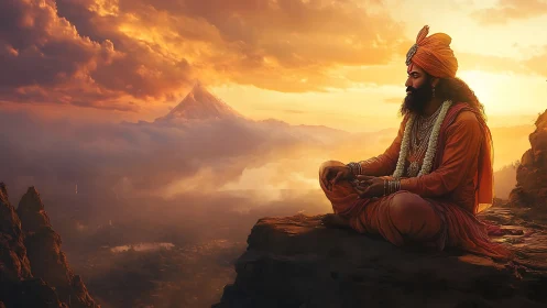 Mystic sage meditates above clouds under a blazing sunset sky