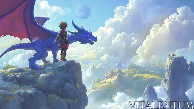 Young rider and blue dragon overlook vast fantasy valley.