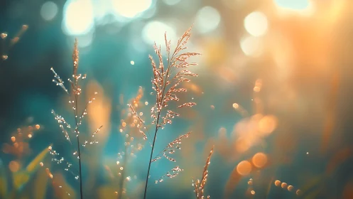 Dew covered grass stems in soft blue and orange bokeh field.