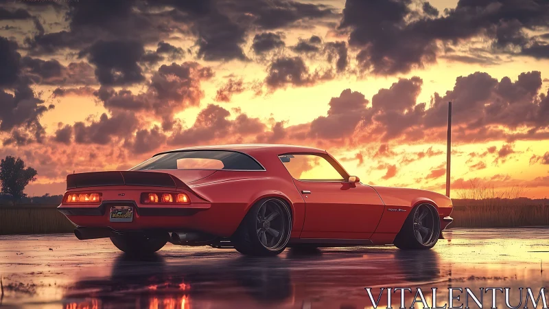 Classic muscle car glows against a dramatic sunset sky