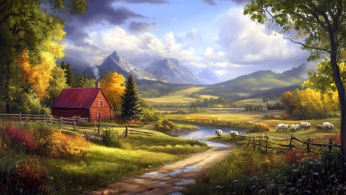 Rural river valley with log cabin, sheep and mountains.