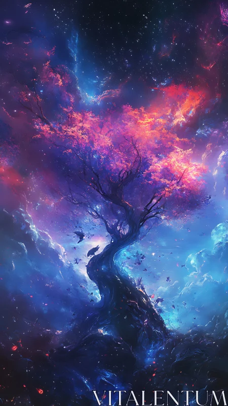 Starblossom tree rising through a dreamy cosmic night sky.