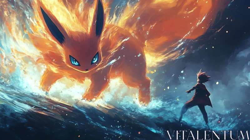 Fiery elemental fox confronts lone hero in roaring waves