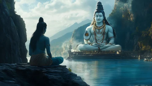 Divine yogi overlooks monumental deity across misty lake.