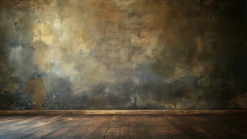 Weathered studio wall with warm rustic wooden floor.