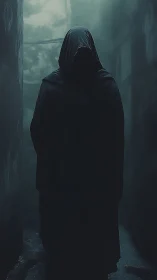 Hooded shadow glides through a fog-slick midnight corridor