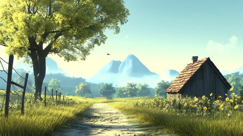 Rural path, wooden hut and distant mountains in sunlight.