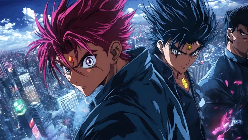 Psychic fighters glare over neon city under stormy sky