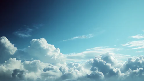 Bright blue sky with thick white cumulus clouds view.