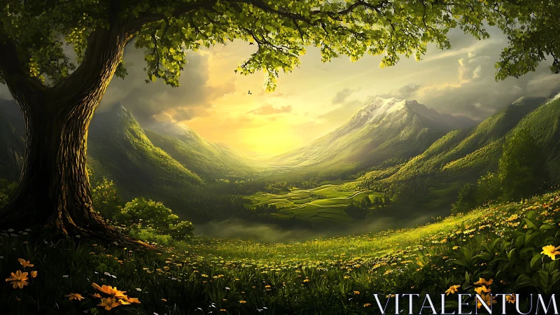 Sunlit mountain valley viewed from lush wildflower hill.