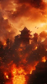 Pagoda Structure Engulfed in Flame and Smoke.