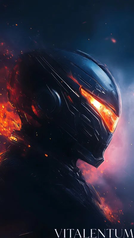 Molten visor mecha warrior amid drifting embers at dusk.