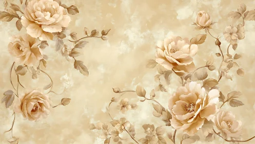 Beige floral wallpaper with soft painted roses pattern.