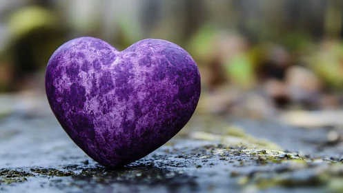 Purple Heart-Shaped Stone on Wet Moss-Covered Rock.