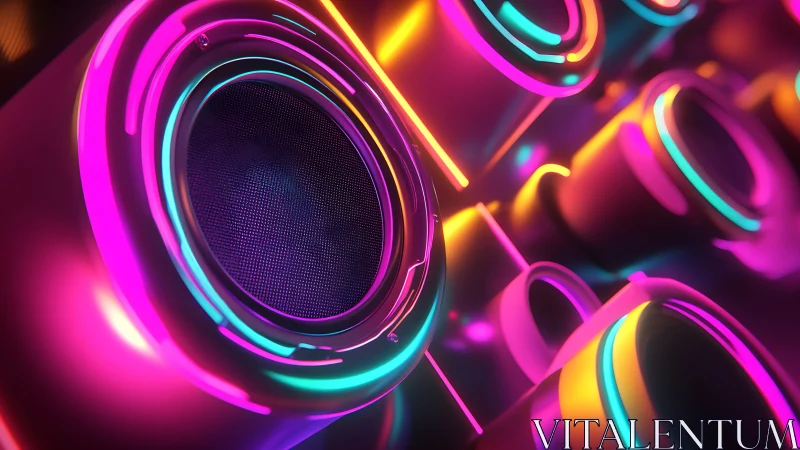 Neon ringed subwoofer array under vibrant magenta cyan glow