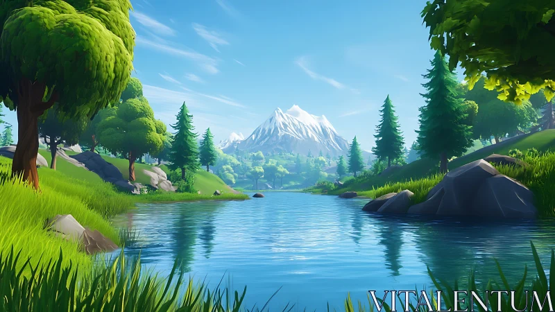 Stylized alpine river valley with conifer forest and snow peak.
