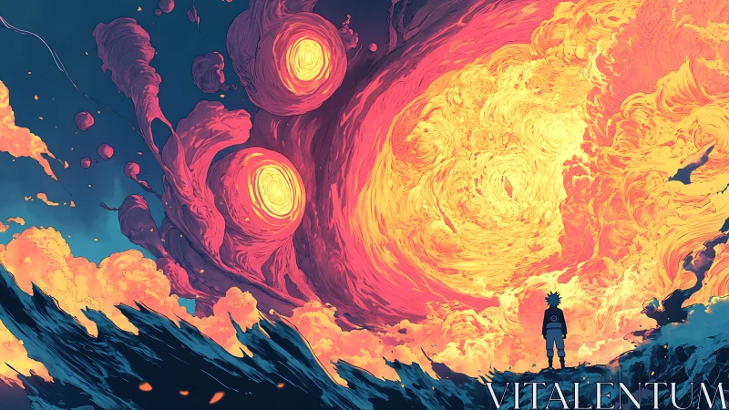 Solitary figure observing turbulent fiery sky formation.