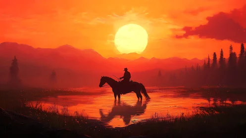 Silhouetted rider on horse crosses reflective water at sunset