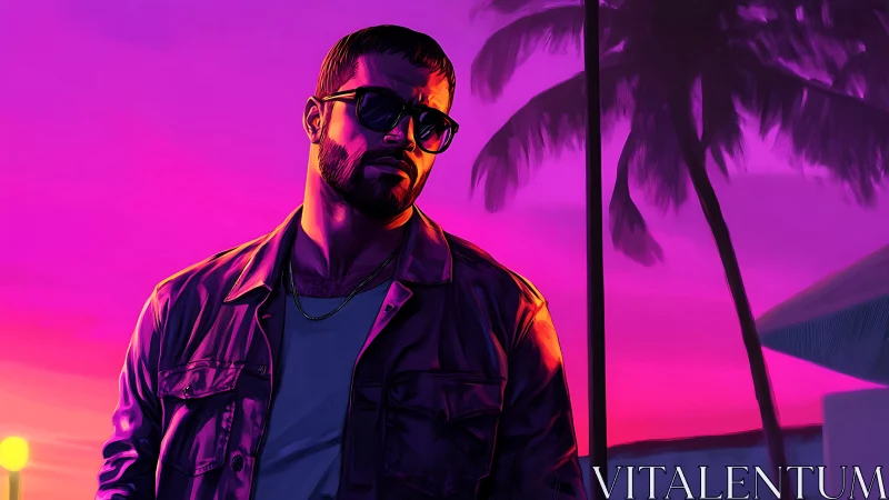 Neon-lit male portrait against tropical dusk gradient sky