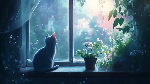 White Cat Gazing Through Window at Luminous Cityscape