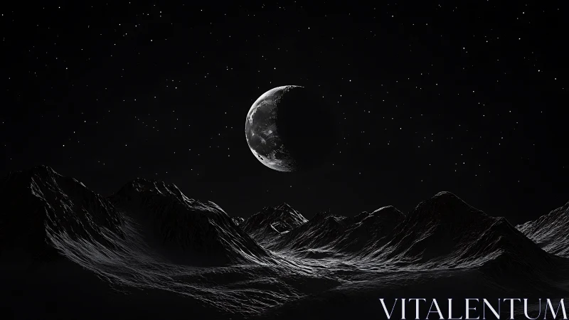 Crescent moon hangs over dark, rugged extraterrestrial terrain