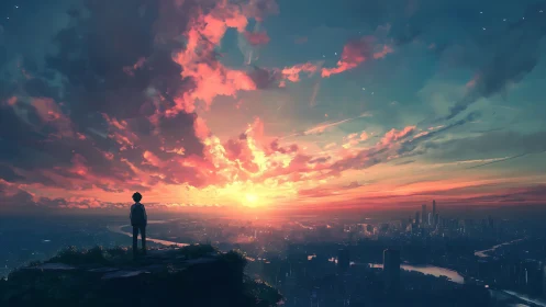 Solitary figure overlooks neon city beneath radiant sunset.