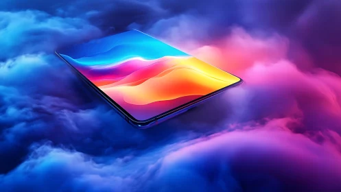 Bezel-less smartphone floats in neon vapor cloud glow