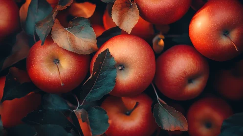 Ripe red apples clustered with dusky leaves in soft glow.