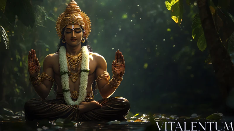 Divine meditative deity in sunlit jungle clearing stillness.