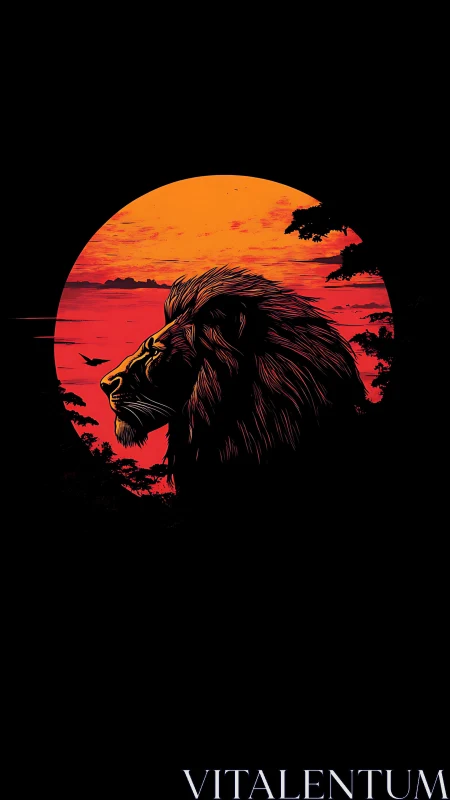 Lion profile silhouette against blazing red sunset sky.