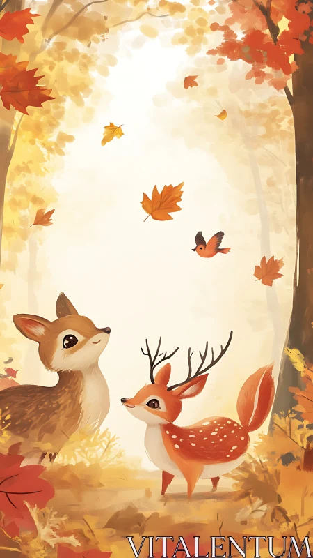 Whimsical young deer in glowing autumn forest clearing.