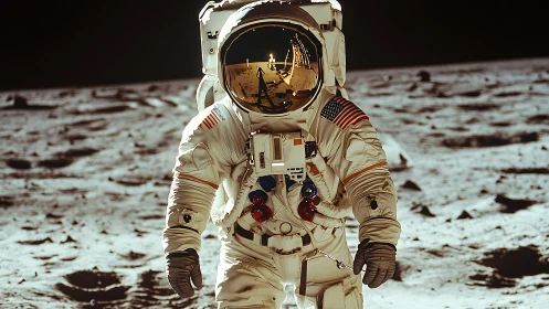 Astronaut stands on lunar surface in reflective visor suit
