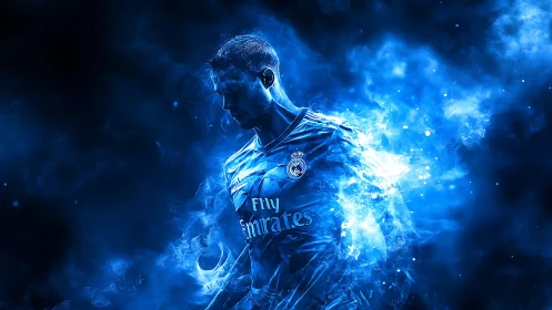 Electric blue football hero emerges from swirling energy mist