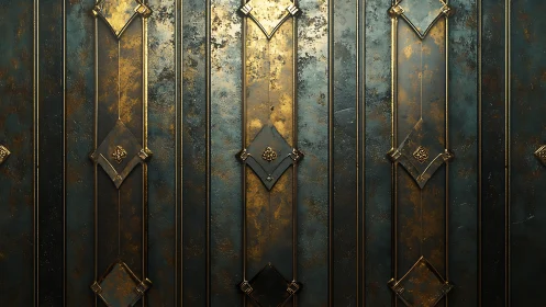 Ornate teal metal wall shows vertical gilded geometric panels