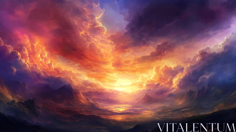 Radiant spectral sunset over vast painterly fantasy valley