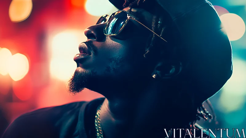 Neon city glow surrounds a thoughtful man in cool shades