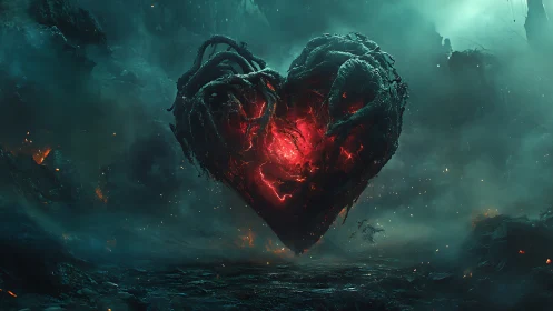 Burning Heart Floating in Dystopian Landscape