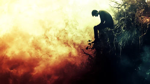 Silhouetted figure on cliff edge against fiery storm sky.